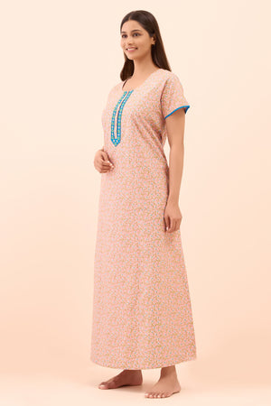 Ditsy Floral Printed & Embroidered Nighty - Peach