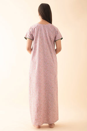 Ditsy Floral Printed & Embroidered Nighty - Pink