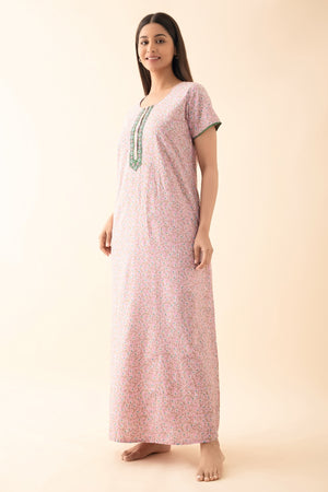 Ditsy Floral Printed & Embroidered Nighty - Pink