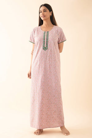 Ditsy Floral Printed & Embroidered Nighty - Pink