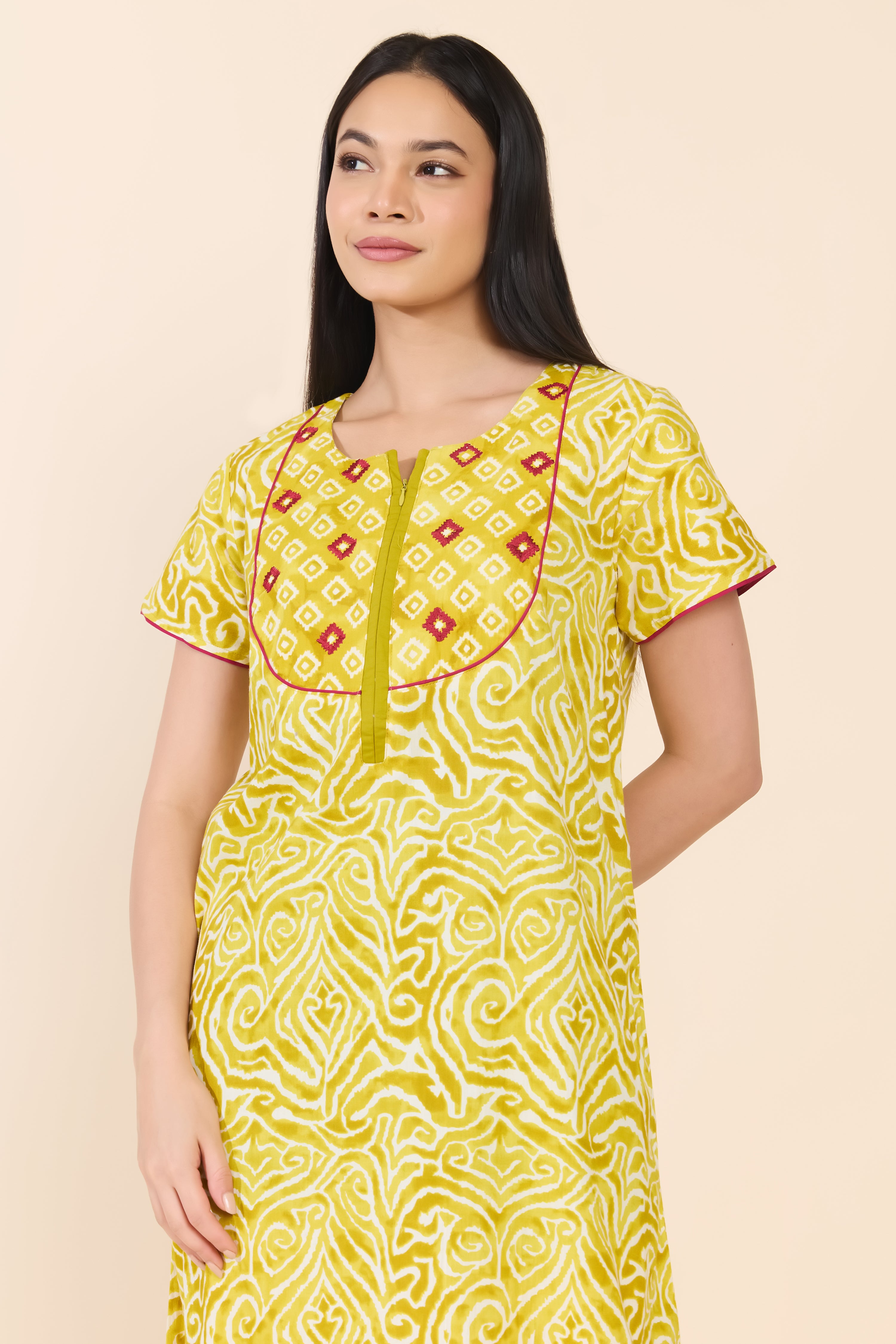 MUSTARD ABSTRACT PRINTED COTTON NIGHTWEAR