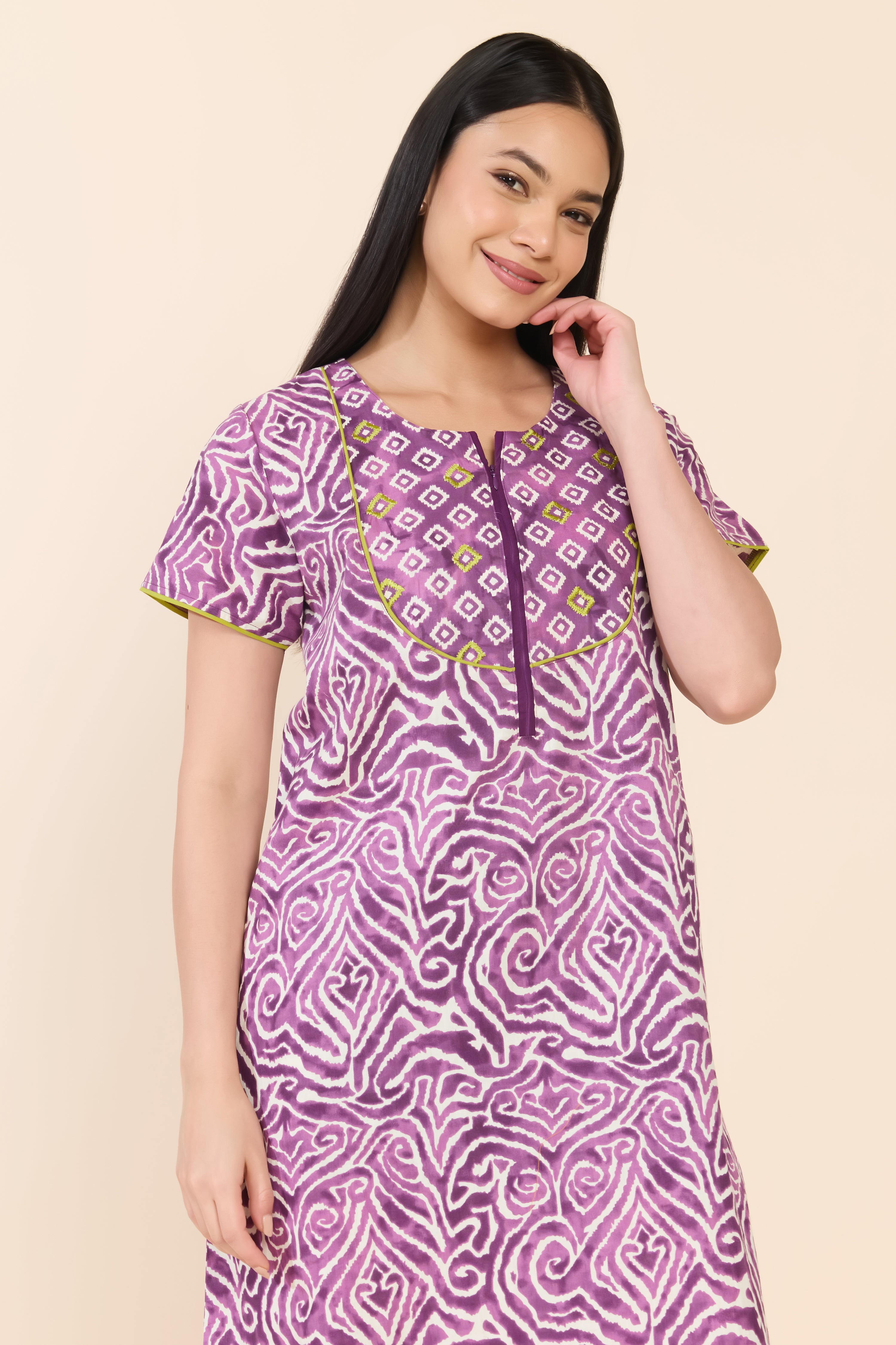 PURPLE ABSTRACT PRINTED COTTON NIGHTWEAR