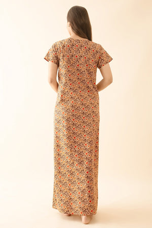Floral Block Printed Cotton Nighty - Brown