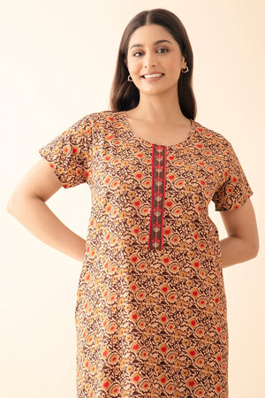 Floral Block Printed Cotton Nighty - Brown