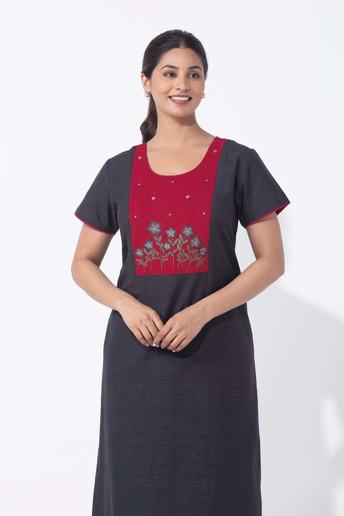 Striped Black Nighty with Floral Embroidered Yoke