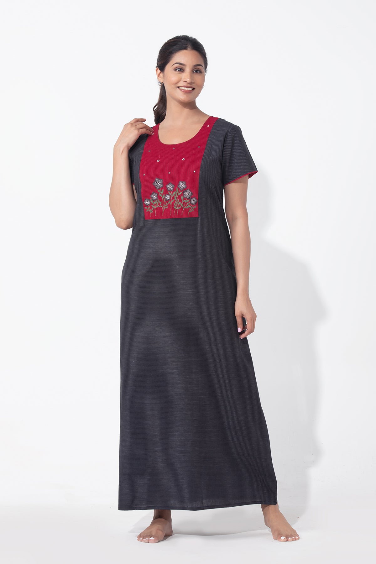 Striped Black Nighty with Floral Embroidered Yoke