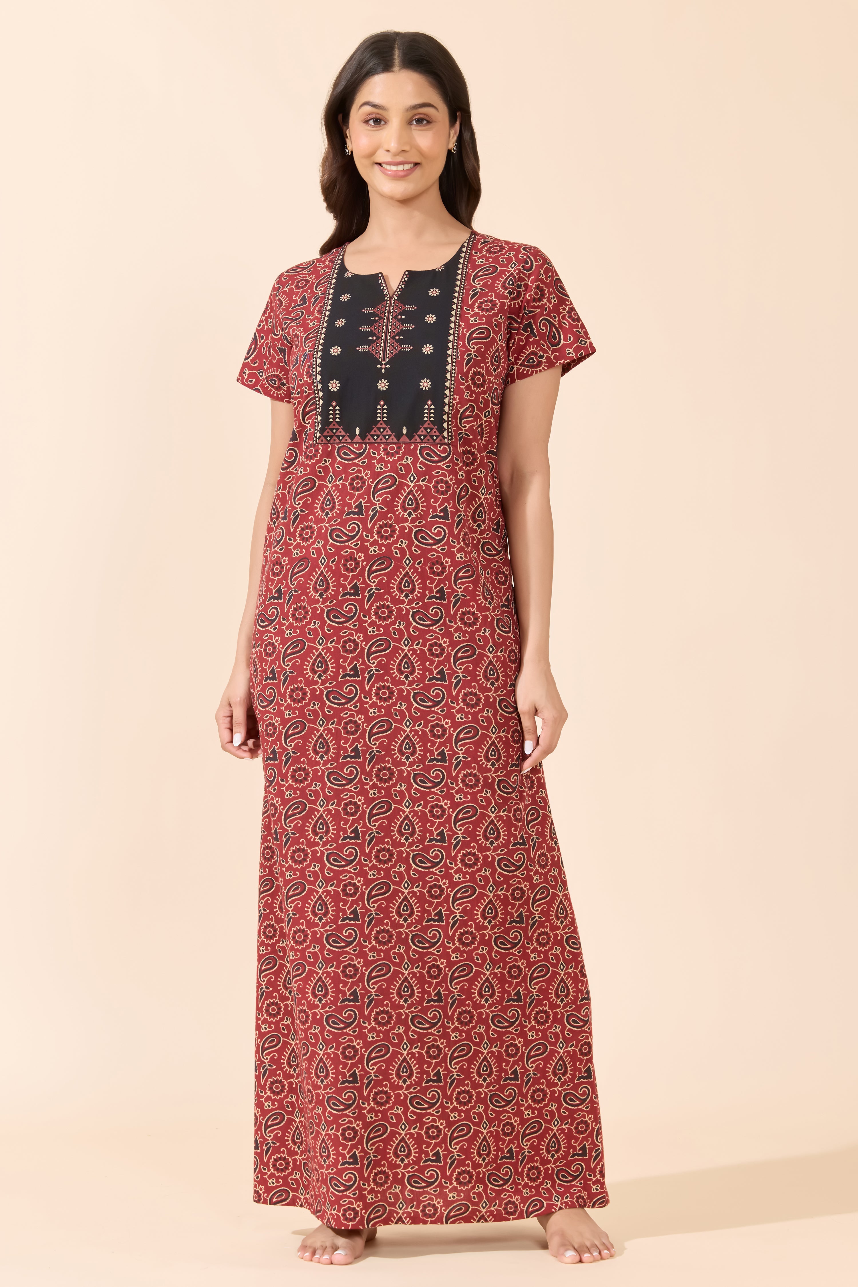 Maroon Ajrakh Print Cotton Nightwear