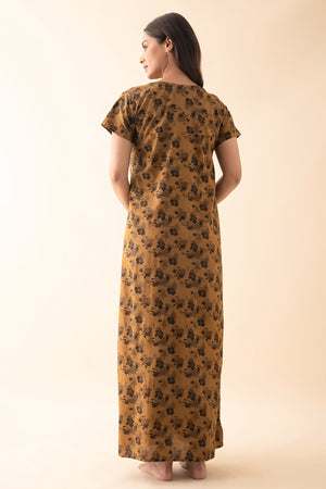 Floral Printed Nighty with Embroidered Yoke - Brown