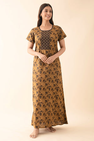Floral Printed Nighty with Embroidered Yoke - Brown