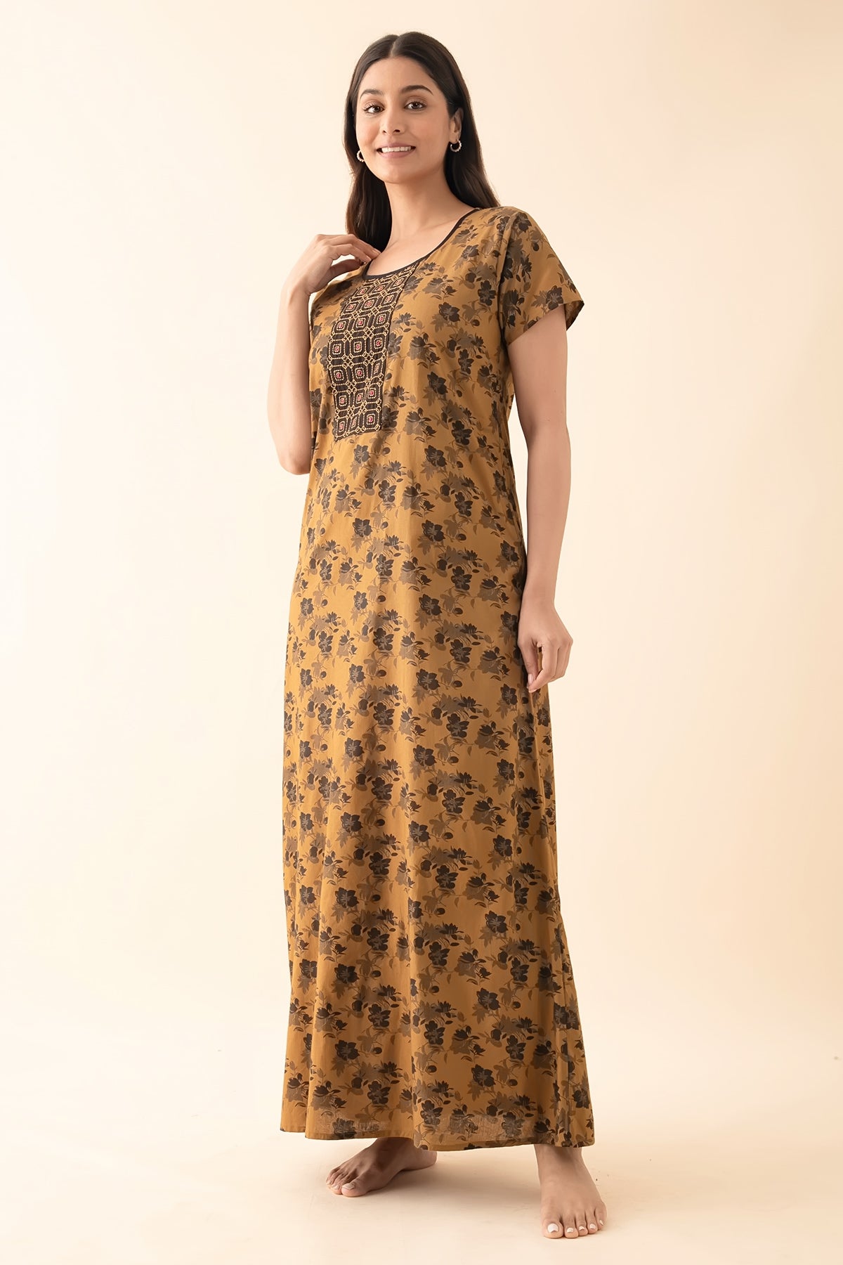 Floral Printed Nighty with Embroidered Yoke - Brown