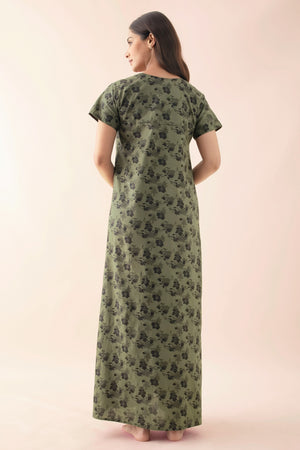 Floral Printed Nighty with Embroidered Yoke - Green