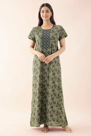 Floral Printed Nighty with Embroidered Yoke - Green