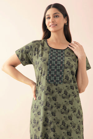 Floral Printed Nighty with Embroidered Yoke - Green