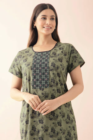 Floral Printed Nighty with Embroidered Yoke - Green