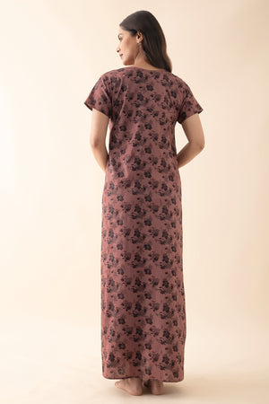 Floral Printed Nighty with Embroidered Yoke - Dark Mauve