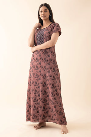Floral Printed Nighty with Embroidered Yoke - Dark Mauve
