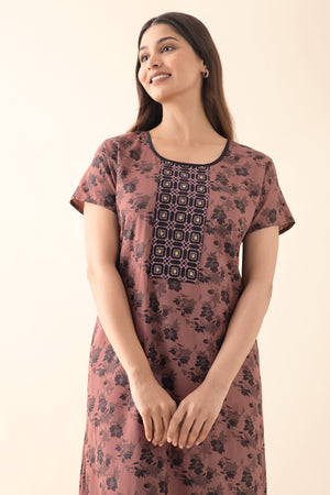 Floral Printed Nighty with Embroidered Yoke - Dark Mauve