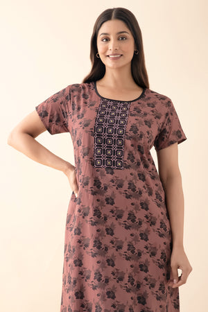 Floral Printed Nighty with Embroidered Yoke - Dark Mauve