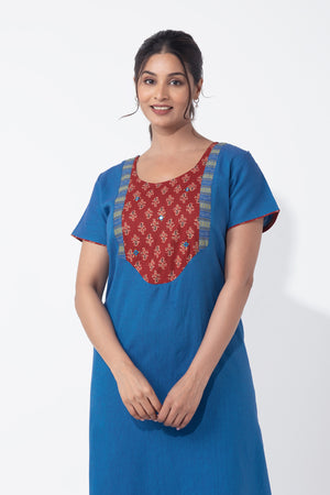 Blue Cotton Nighty with Ajrakh Yoke Patchwork