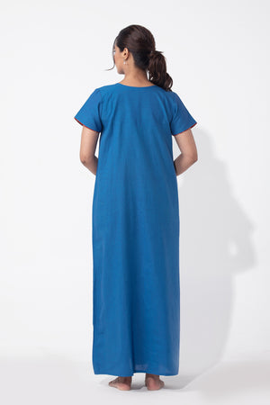 Blue Cotton Nighty with Ajrakh Yoke Patchwork