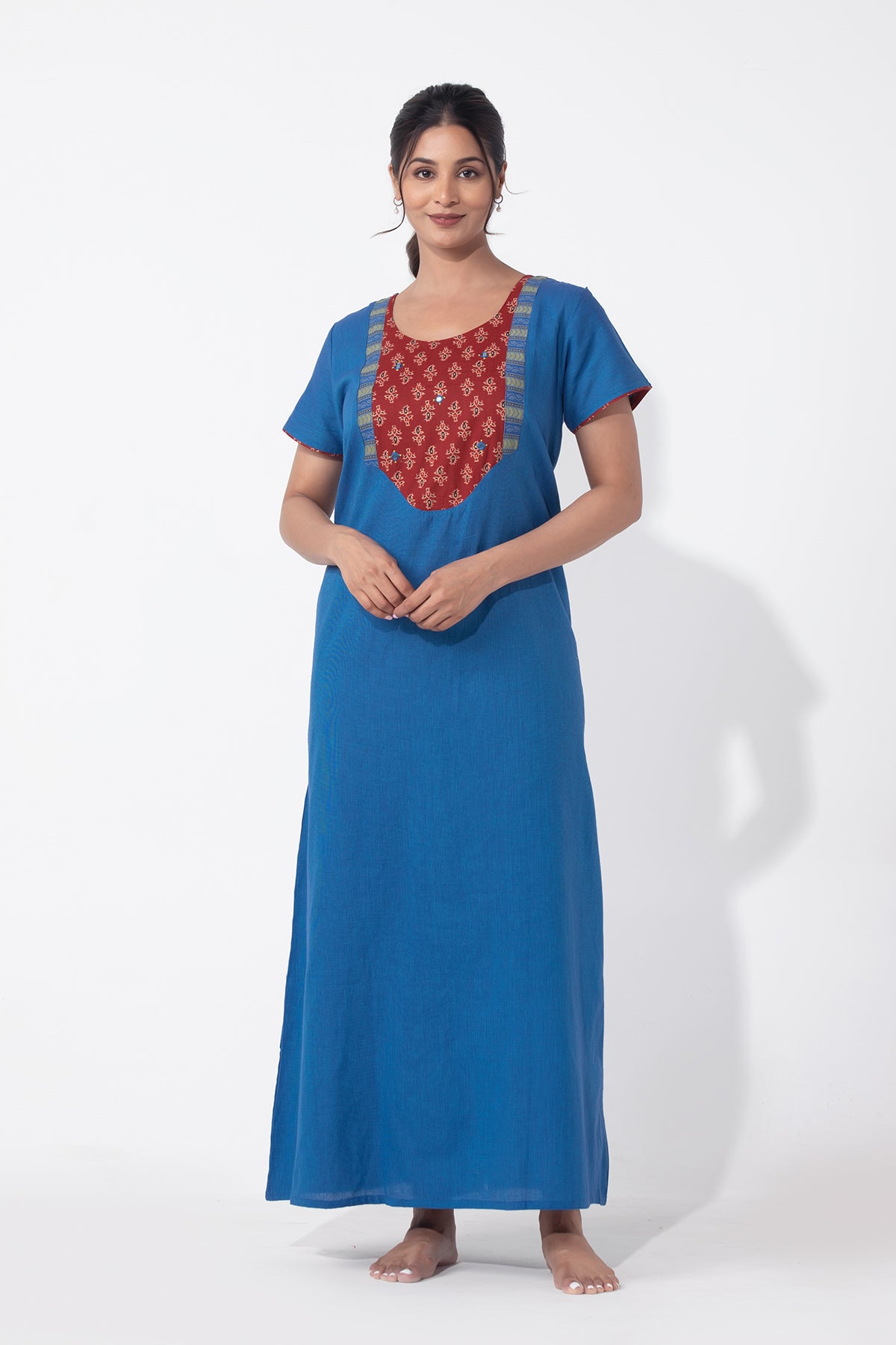 Blue Cotton Nighty with Ajrakh Yoke Patchwork