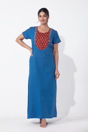 Blue Cotton Nighty with Ajrakh Yoke Patchwork