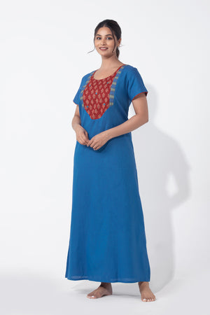 Blue Cotton Nighty with Ajrakh Yoke Patchwork