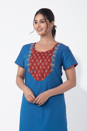Blue Cotton Nighty with Ajrakh Yoke Patchwork