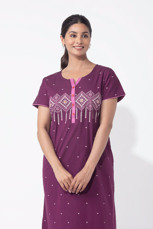 Geometric Printed Purple Cotton Nighty