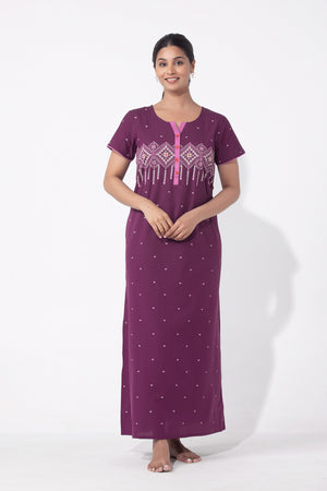 Geometric Printed Purple Cotton Nighty