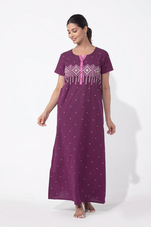 Geometric Printed Purple Cotton Nighty