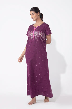 Geometric Printed Purple Cotton Nighty