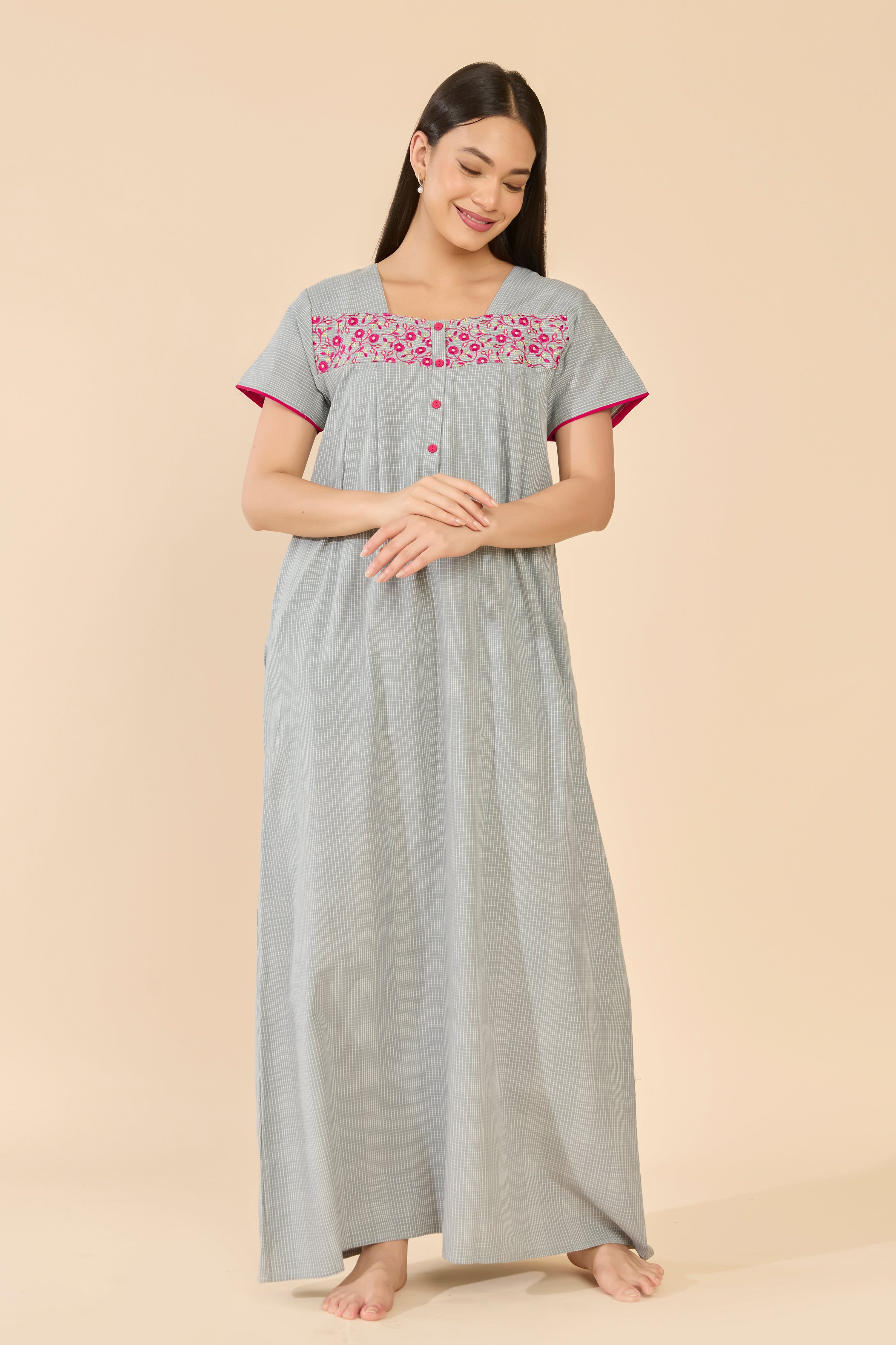 Gray Checks Cotton Nightwear with Floral Embroidered Yoke