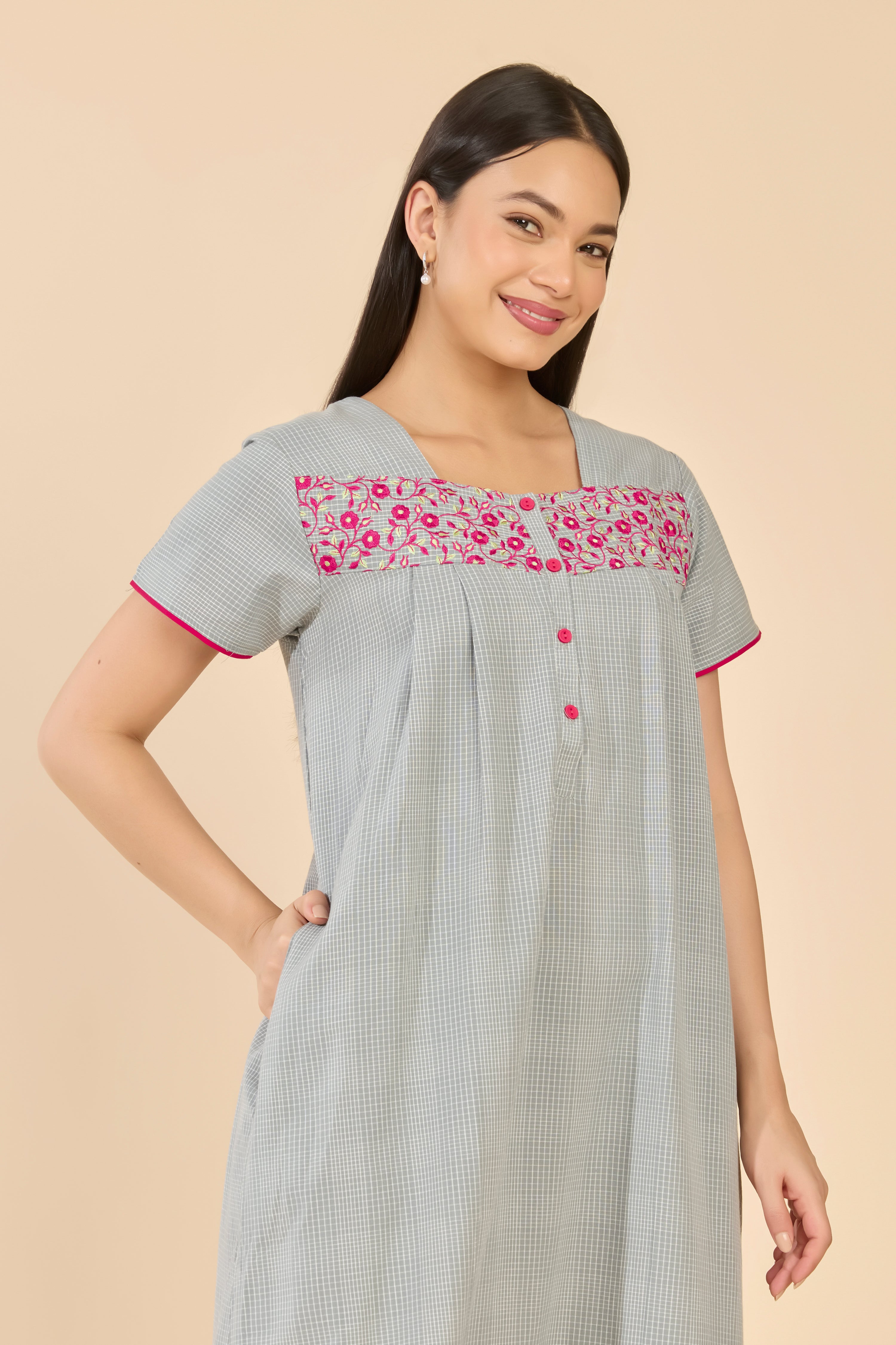 Gray Checks Cotton Nightwear with Floral Embroidered Yoke