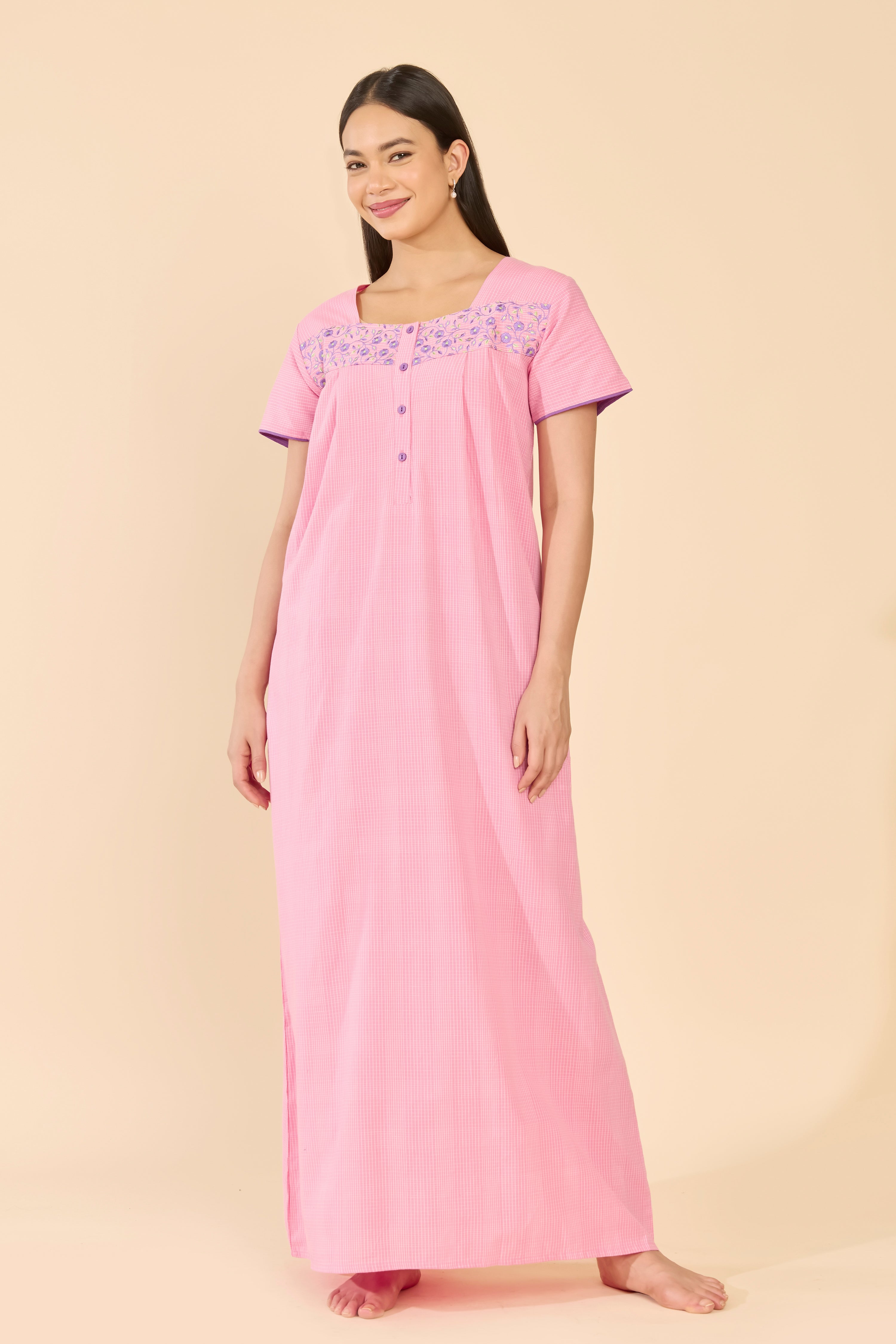 Pink Checks Cotton Nightwear with Floral Embroidered Yoke