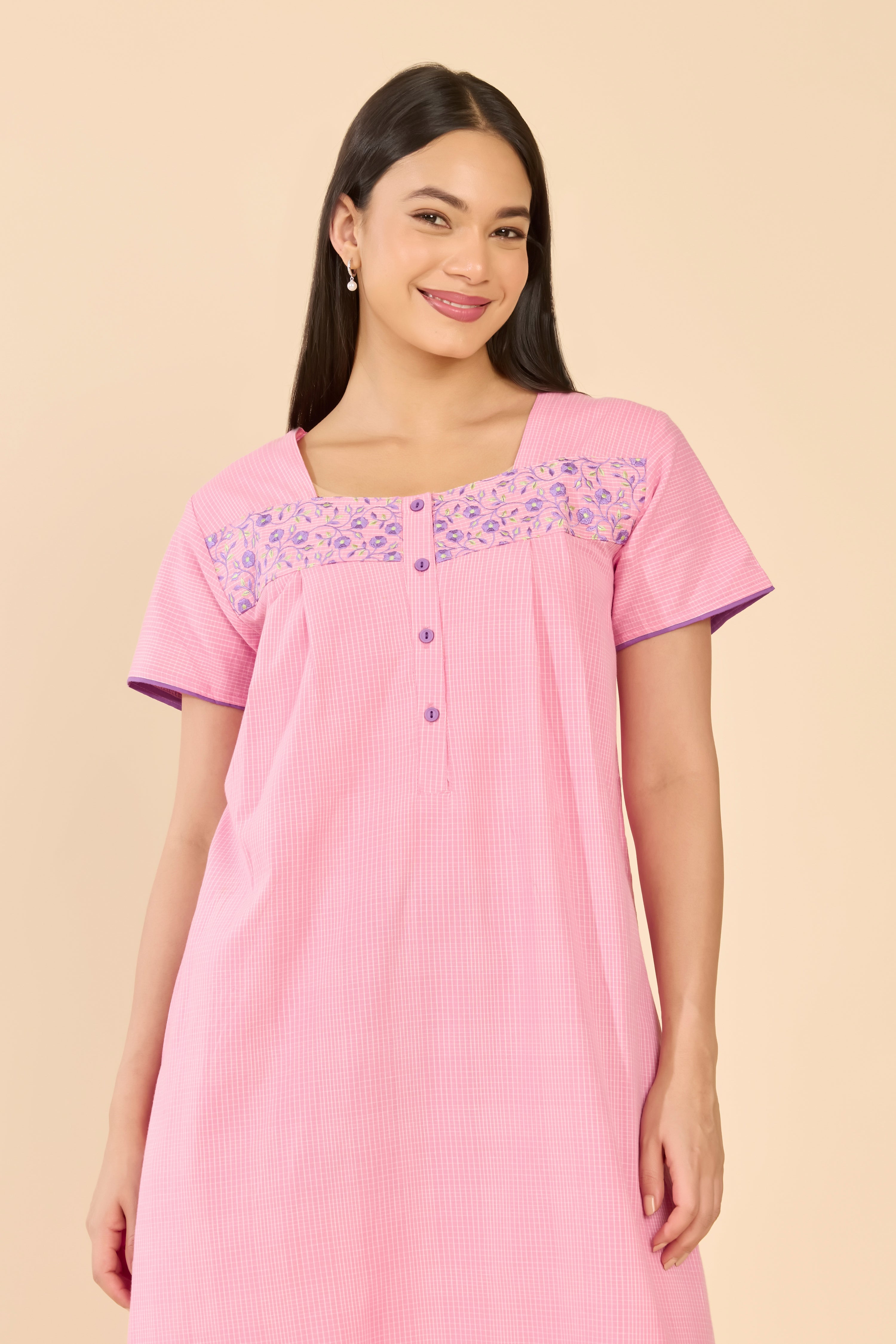 Pink Checks Cotton Nightwear with Floral Embroidered Yoke
