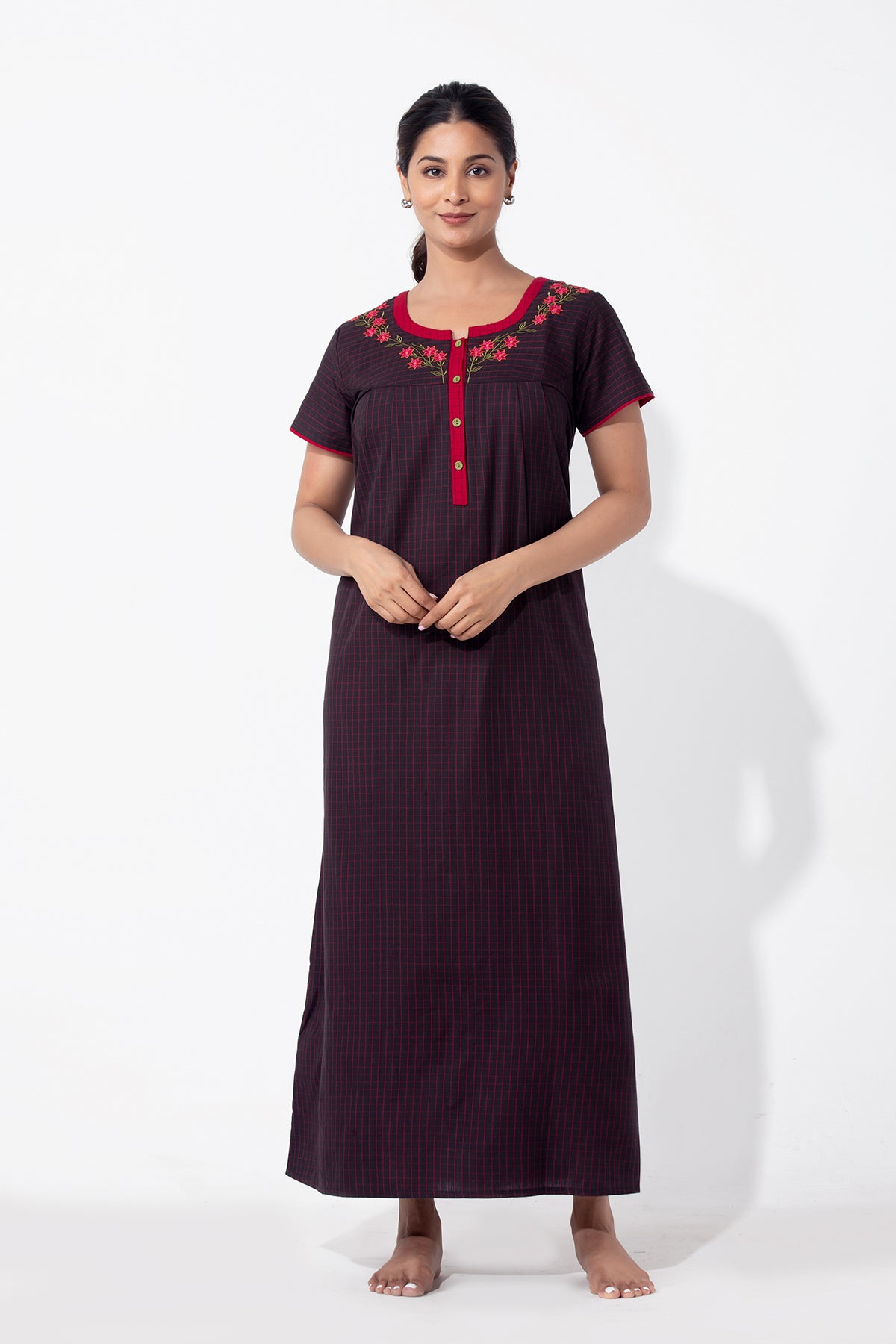 Checkered Black Cotton Nighty with Floral Embroidered Yoke