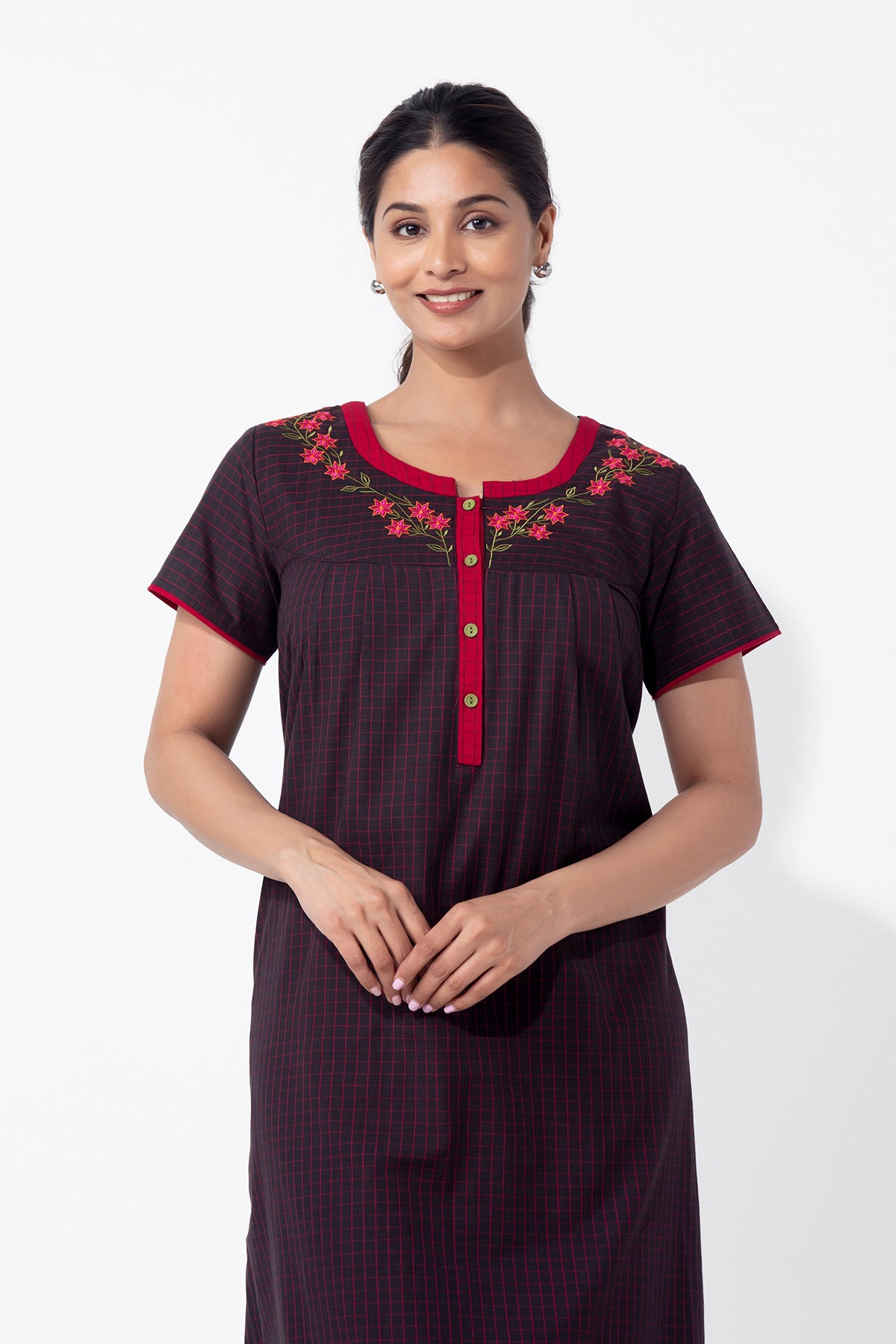 Checkered Black Cotton Nighty with Floral Embroidered Yoke