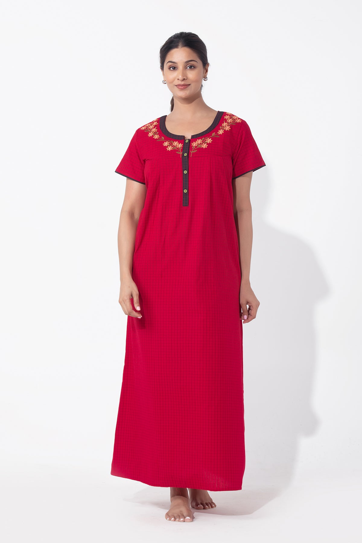 Checkered Red Cotton Nighty with Floral Embroidered Yoke