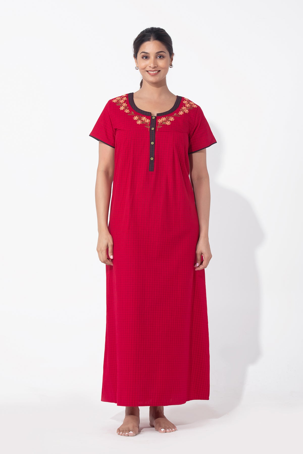 Checkered Red Cotton Nighty with Floral Embroidered Yoke