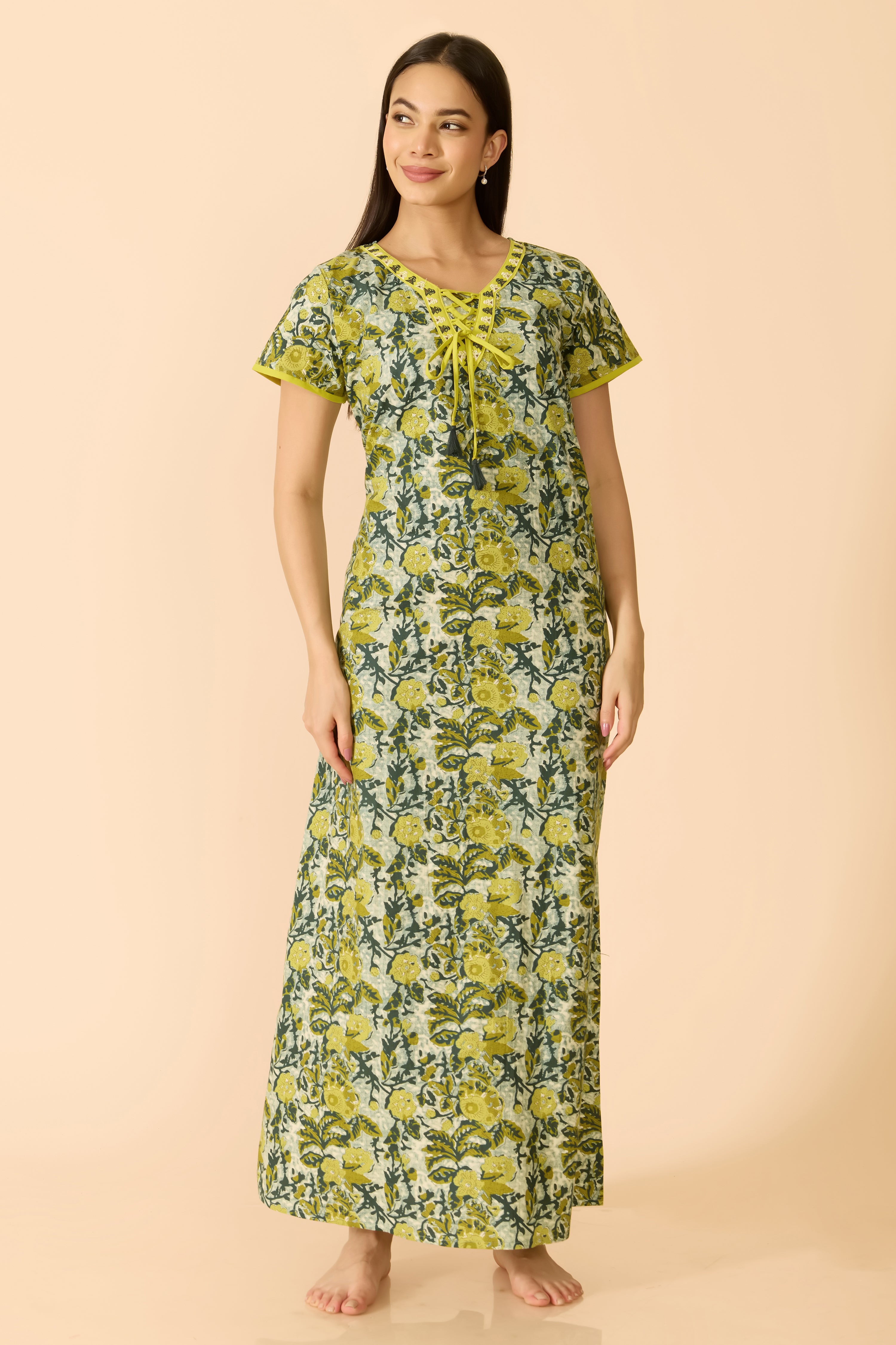 GREEN FLORAL COTTON NIGHTWEAR
