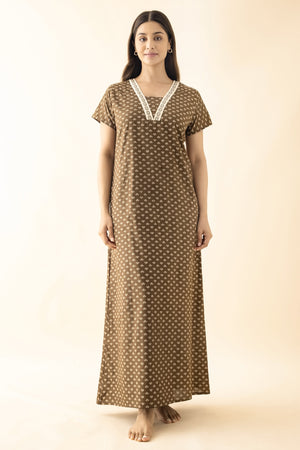 Geometric Floral Printed Nighty - Brown