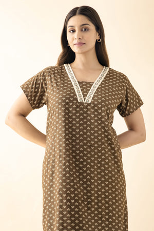 Geometric Floral Printed Nighty - Brown