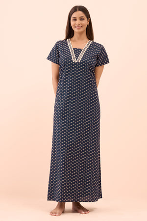 Geometric Floral Printed Nighty - Navy Blue