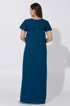 Blue Cotton Nighty with Kalamkari Embroidered Yoke Design