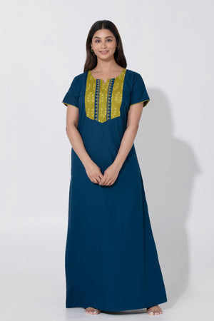 Blue Cotton Nighty with Kalamkari Embroidered Yoke Design