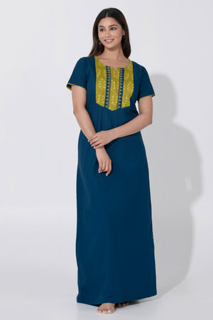Blue Cotton Nighty with Kalamkari Embroidered Yoke Design