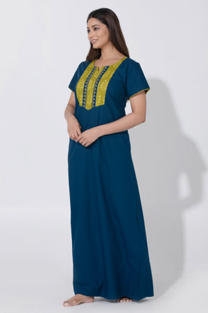 Blue Cotton Nighty with Kalamkari Embroidered Yoke Design