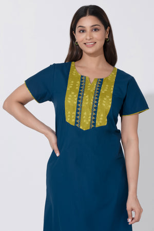 Blue Cotton Nighty with Kalamkari Embroidered Yoke Design