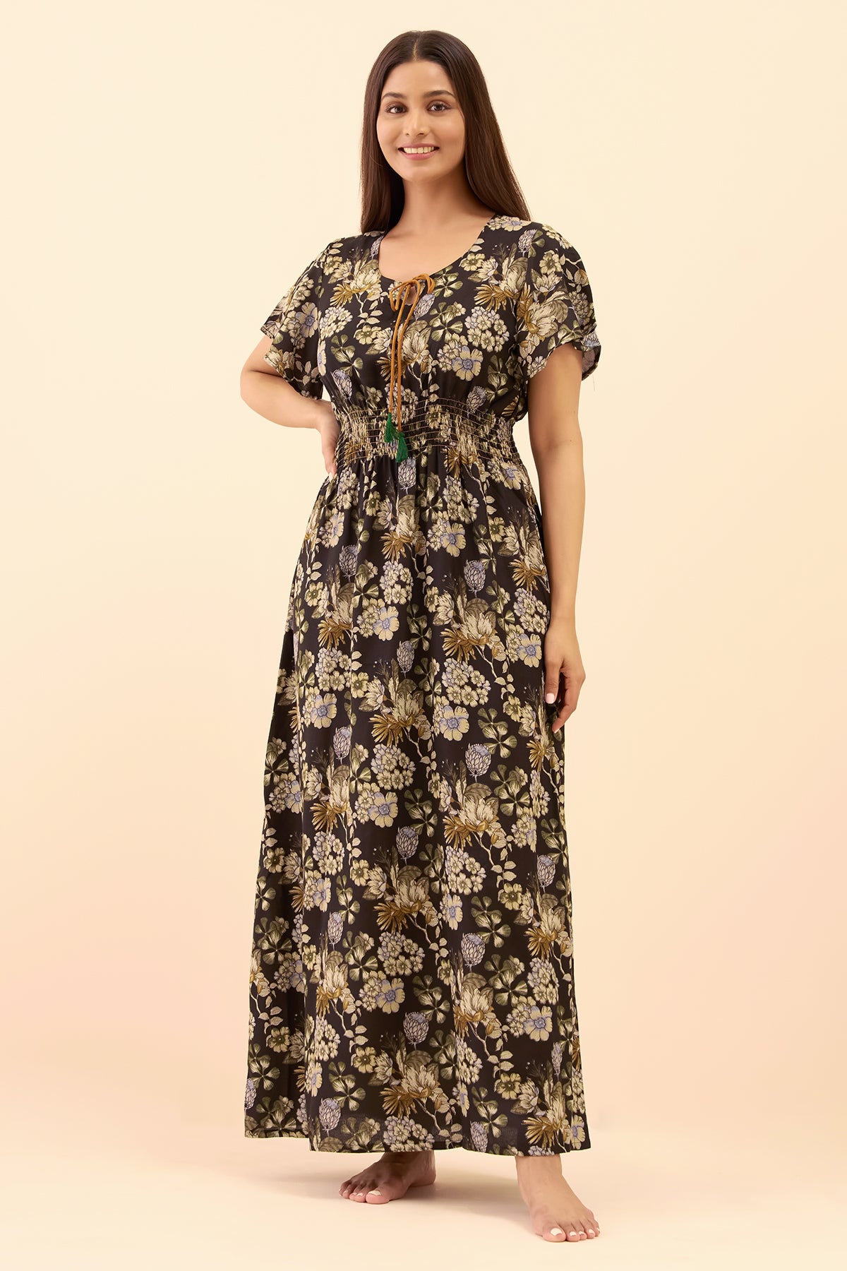 Floral Smocked Nighty with Waist Tie-Up - Black